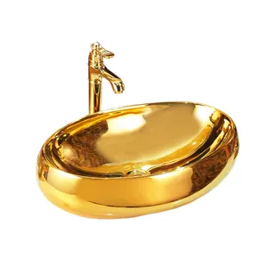 Lavabo de cerámica para baño, bañado en oro, lavado a mano, dorado