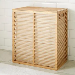 Household Cool Dirty Corner Basket Bamboo 2 Compartment Laundry Hamper With Removable Bag