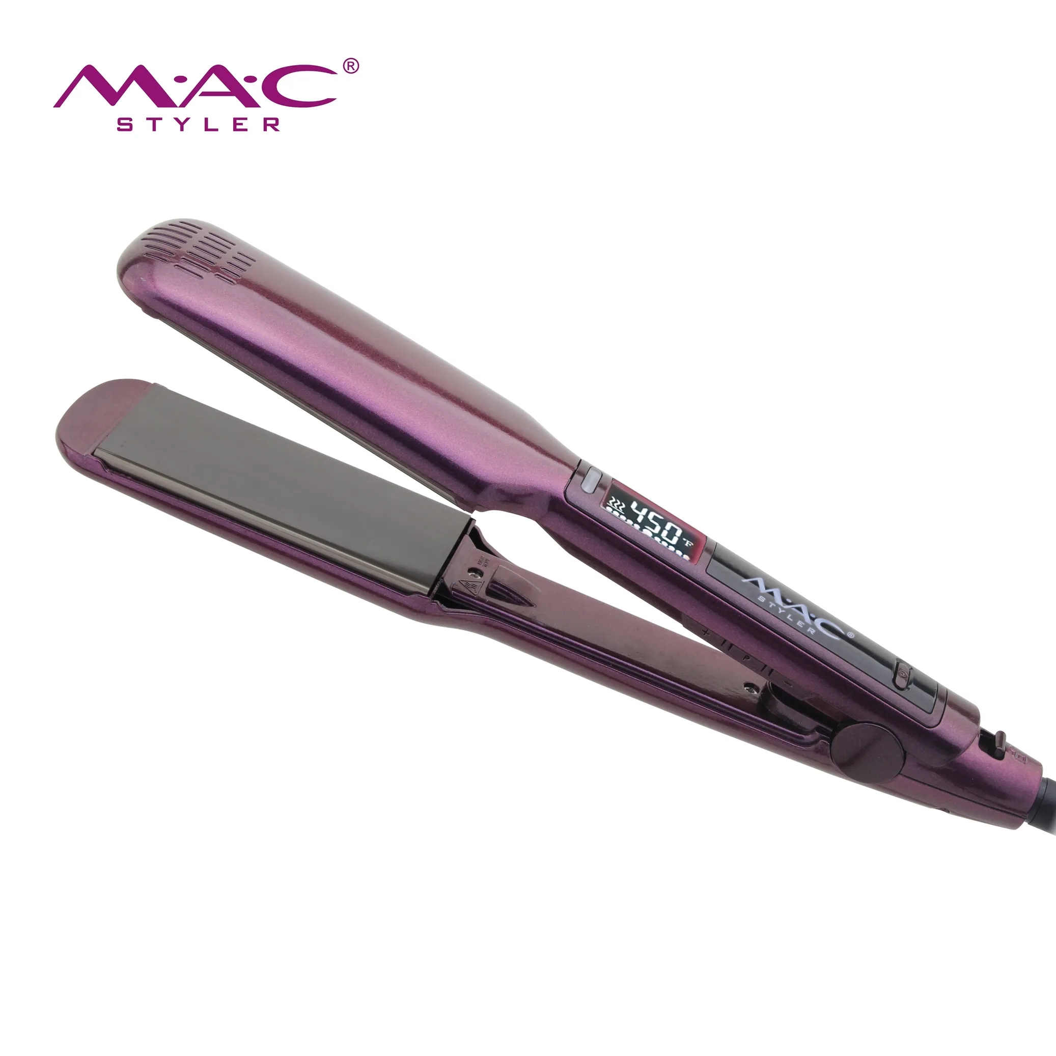 Purple fashion hair straightener beautiful appearance LCD display professional salon using hair straightener