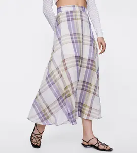 beautiful design casual long summer ladies cotton long Plaid skirts