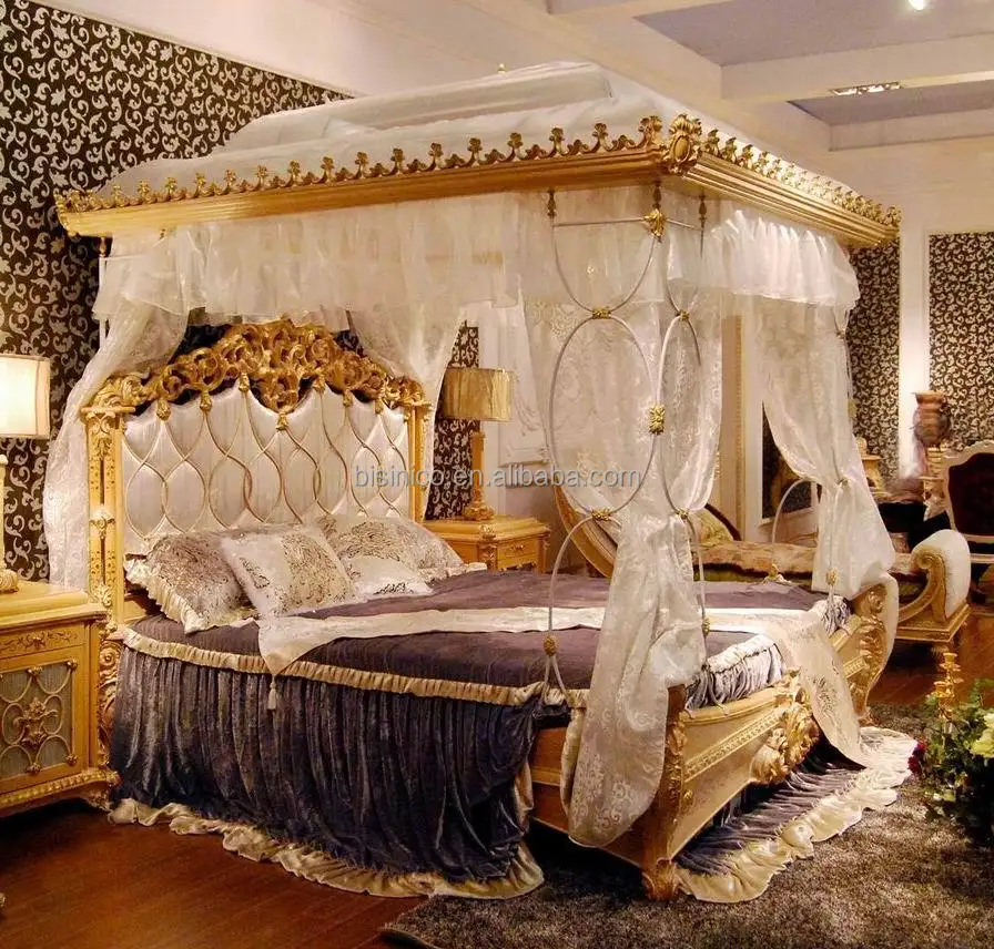 Dosel de marquetería tallada en madera estilo Rococó Francés de lujo, cama King Size de Royal Four Poster, muebles de dormitorio europeo de lujo