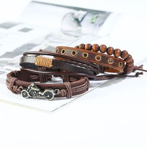 4 PCS/set Weave Leather Wood Bead <span class=keywords><strong>Bracelet</strong></span> pour hommes <span class=keywords><strong>Bracelet</strong></span> fait main multicouche Cool Bicycle Bracelets Bangles - Product Image 2