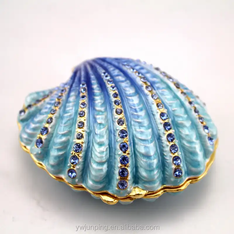 Caja de abalorios de aleación de Zinc, caja de joyería azul con cristales brillantes esmaltados