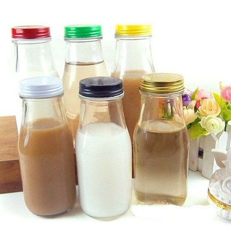 Fashion clear Glass Milk Juice Beverage Bottle   milk bottle glass  With  Cap