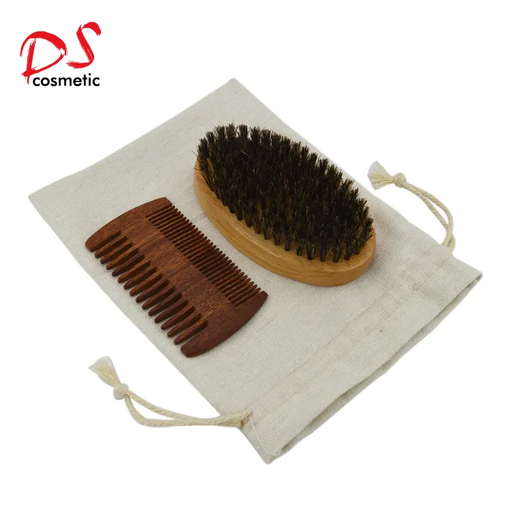 Wood Mix Horse and boar Hair Men Beard Brush with Green Sandalwood Comb set