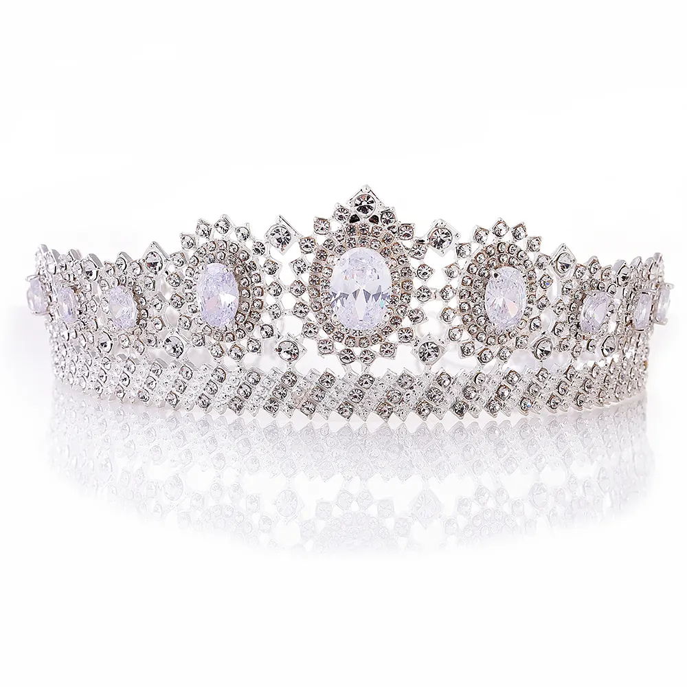 High Quality Royal CZ Crystal Tiara Wedding Crown Princess Headpieces Bridal Hair Accessories, Zirconia+Silver