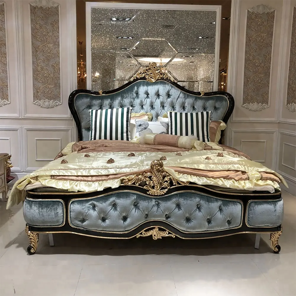 Italian royal style wooden carved double bedroom set furniture classical bed