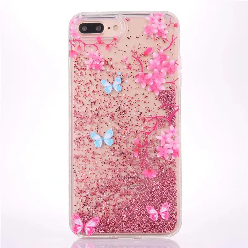 New arrival retro style flower butterfly glitter bead liquid phone case for iphone 8 7 plus
