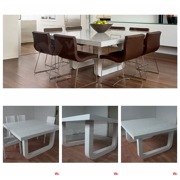 high quality glossy white solid surface stone family design 6-8 people square shape dining table