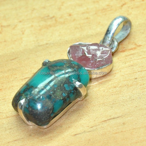 Quartz rose bleu avec cuivre brut Turquoise vente en gros de pendentif à breloque à la mode bijoux en pierres précieuses plaqué argent pour femmes, hommes - Product Image 3