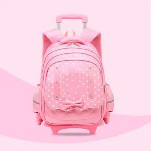 New sweet pink dot design rolling backpack trolley school bags waterproof lightweight trolley backpack