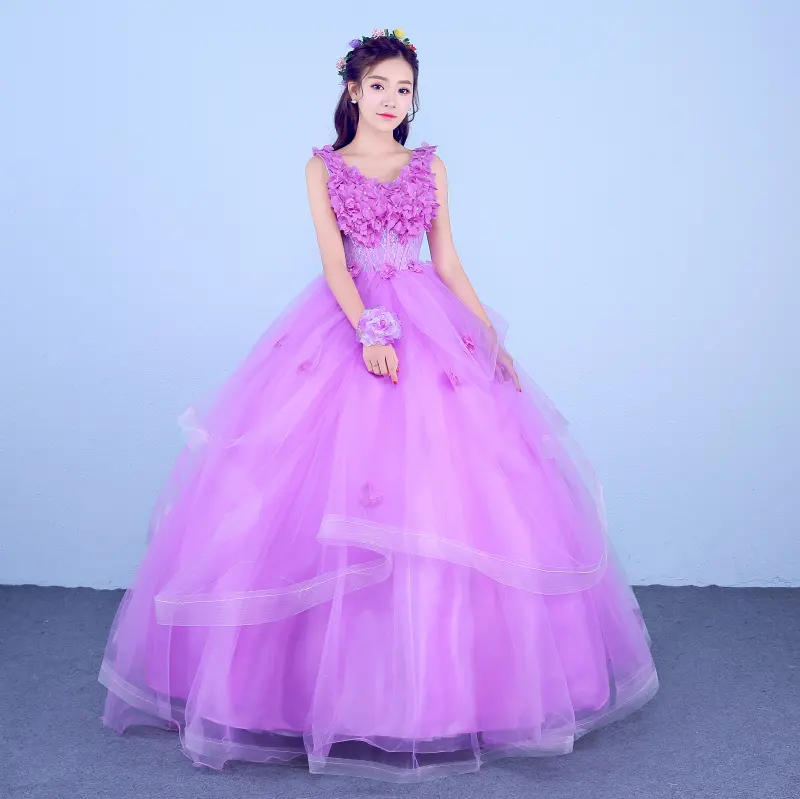 Ball Gown V-neck Lace Beading Elegant Purple Flower Wedding Dresses Bridal Wedding Gowns