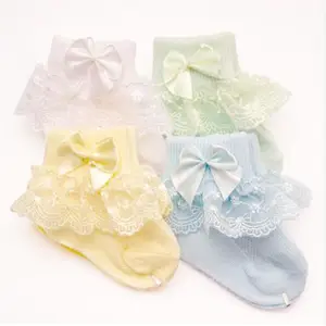 4 Couleurs Toddler Lace Bows Organic Cotton Knit Crew Little Ruffle Sock for Girls - Product Image 3
