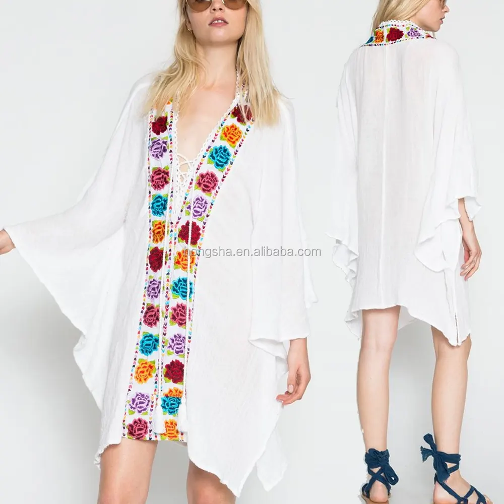 Women Summer Cotton Beach Colorful Mexican Kaftan Embroidery Moroccan Caftan HSd5206