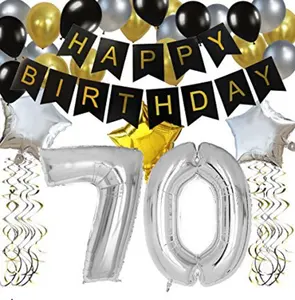 Набор украшений для вечеринки 70-го дня рождения-черный баннер на день рождения, Серебряный 70 воздушный шар из майларовой фольги, латексный шар со звездами, подвесные воздушные шары