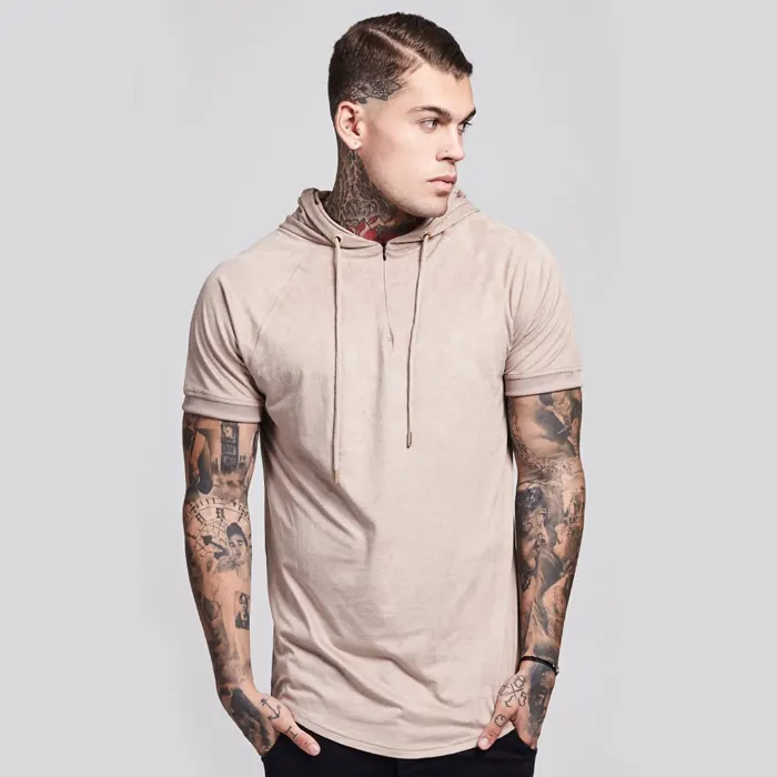 men's short sleeve t shirt with hood design suede t-shirt cheap wholesale from factory