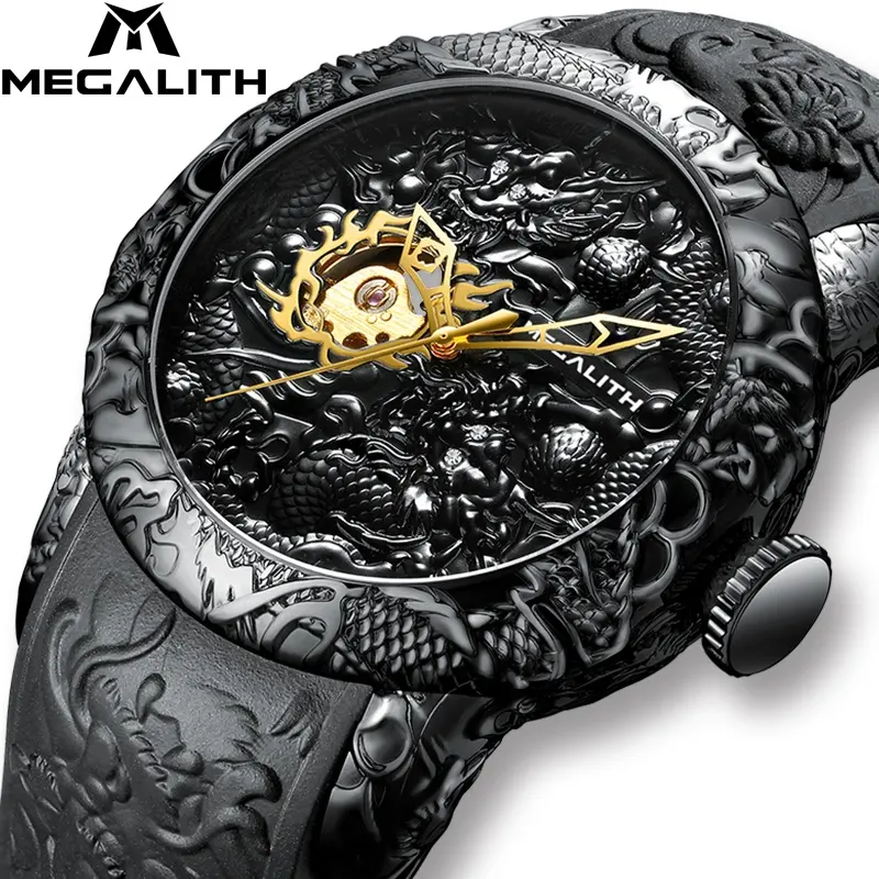 MEGALITH นาฬิกาข้อมือแฟชั่นรุ่น3D,นาฬิกาข้อมือรูปปั้นกันน้ำนาฬิกากลไกจักรกลหน้าปัดใหญ่ลายมังกรสำหรับผู้ชาย