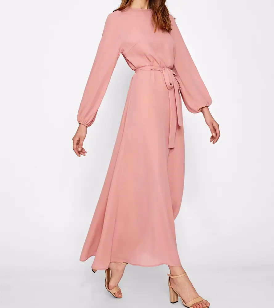 두바이 의류 도매 oem 이슬람 여성 핑크 의류 자기 벨트 Hijab 이브닝 드레스 긴 소매 맥시 드레스