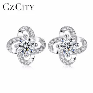 CZCITY Wholesale Flower Shape Sterling Silver 925 Stud Earring With Clear Delicate CZ Crystal Earrings For Women Wedding Gift