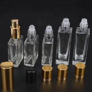 High end 30ml plana retangular quadrado rolo no frasco de óleo essencial de vidro transparente com tampa de ouro prata preto