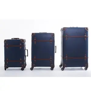 Valise grise en cuir, ensemble de bagages à roulettes, style vintage