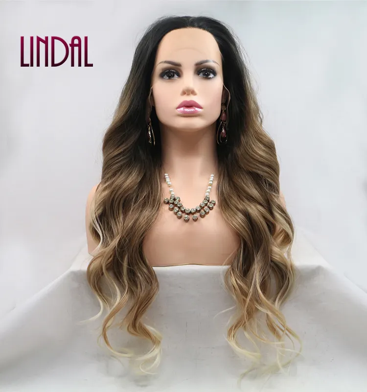 LINDAL Best Vendor of Deep Water Wave Highlighted Color Private Label Ear to Ear Blonde Black Ombre Synthetic Front Lace Wigs
