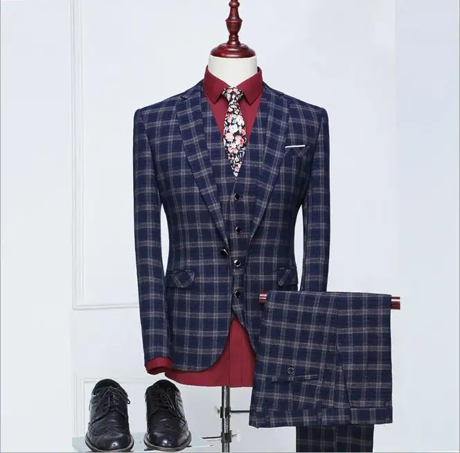 WB018-traje a cuadros para hombre, traje de 3 piezas a la moda para novio de boda, traje de marca de negocios ajustado azul