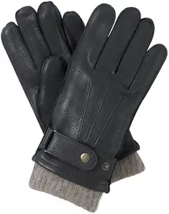 Hochwertige, mit Wolle gefütterte Hirschleder-Herren handschuhe aus schwarzem Leder mit Gürtel
