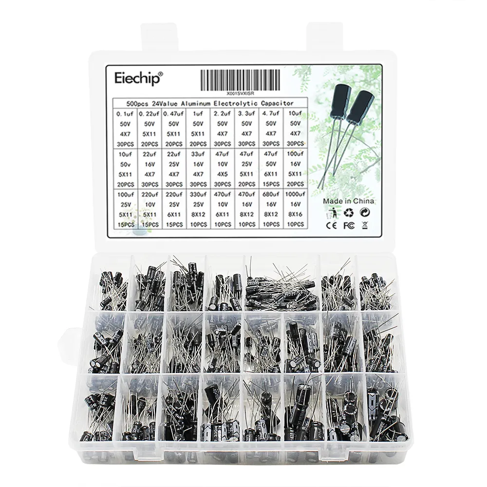 Eiechip-Kit de condensador electrolítico de aluminio, 24 valores, 500 piezas, rango de plomo Radial, 0,1 uF-1000uF, con caja de surtido Kit9