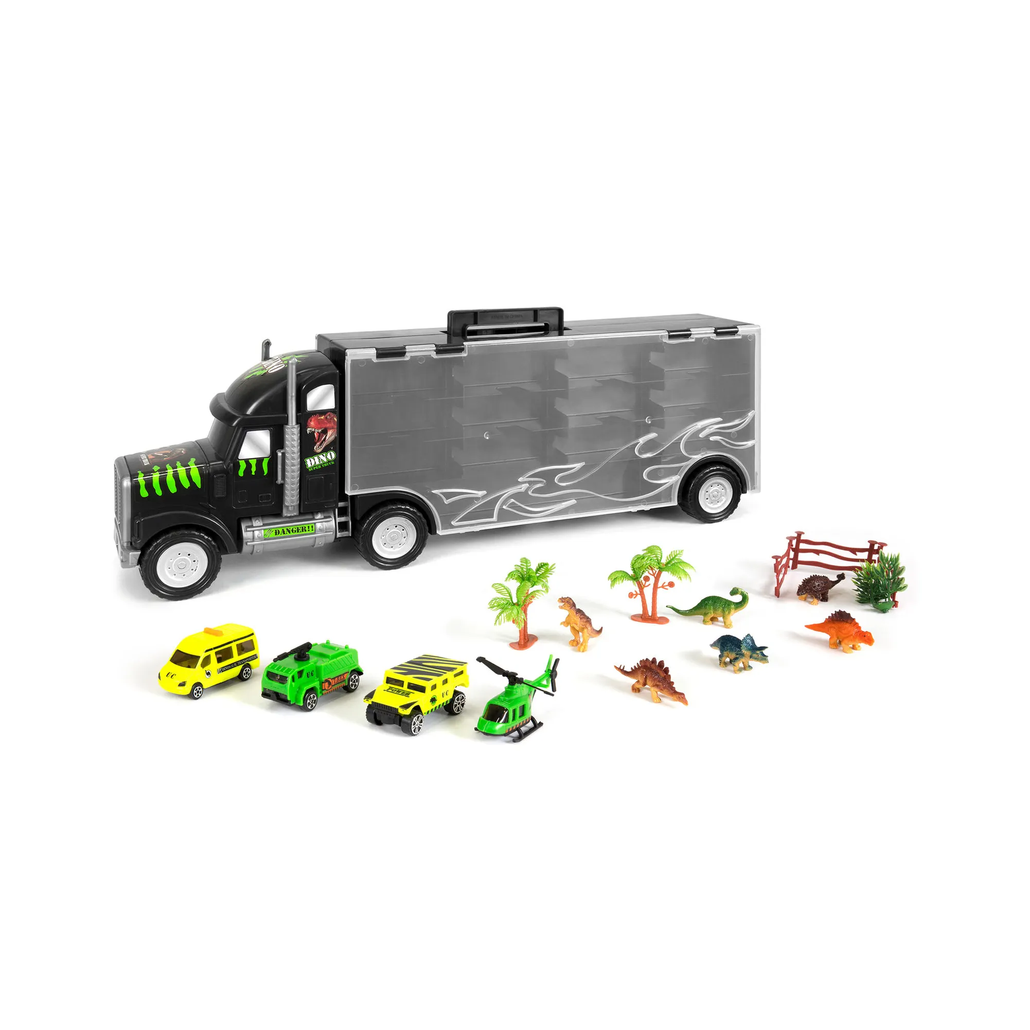 22in 16-piece crianças gigante transporte transportador w/dinossauro figuras helicóptero carros-multicolor