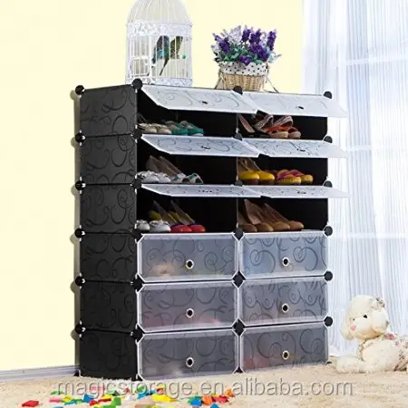 Multi Use DIY Plastic 12 Cube Shoe Rack, Shoes Cabinet Black with White Door
