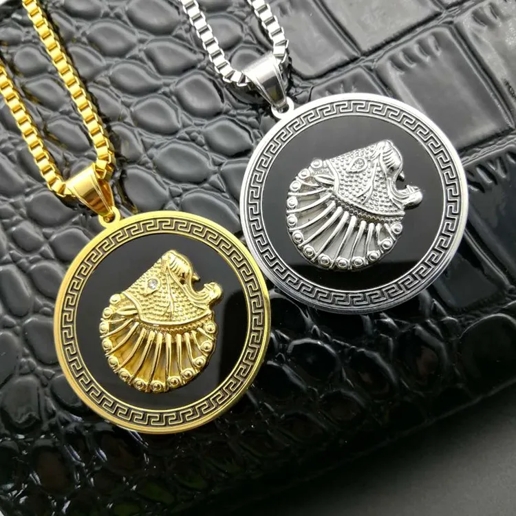 Hip Hop Gold Plated Stainless Steel Lion Head Necklace Creative Design Great Wall Pattern Necklace