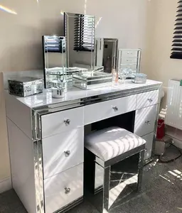 Sparkly Mirrored Dresser 7 Ngăn Kéo Trắng Gương Bàn Trang Điểm Với 3 Cái Gấp Tường Gương