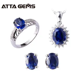 Created Blue Sapphire Gemstone Women Wedding Engagement Gift Sterling Silver 925 Jewelry Set