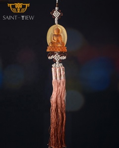 Pendente pendente a specchio per auto in vetro ambrato tradizionale doppio Mini Gautam Buddha