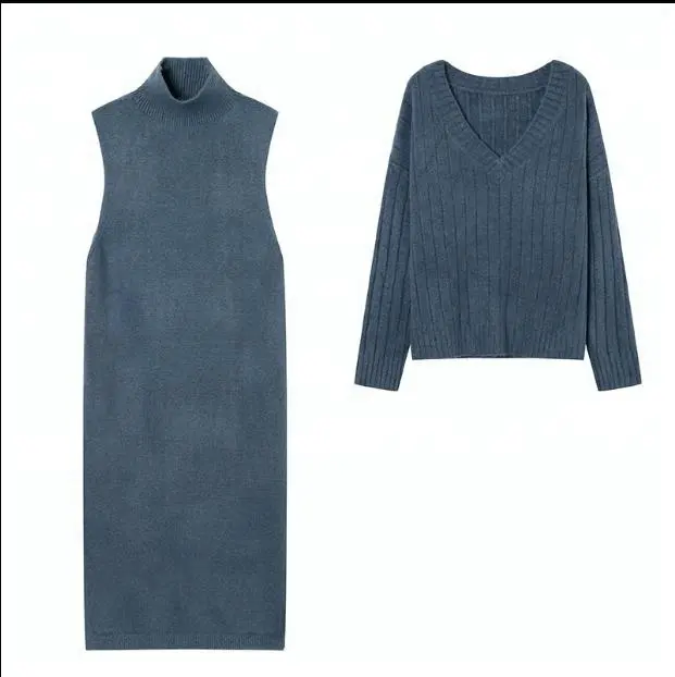 P18B072CH Frau Kaschmir Zopf muster ärmelloses High Neck Long Sweater Kleid und V-Ausschnitt zweiteiliges Set für Frauen und Mädchen
