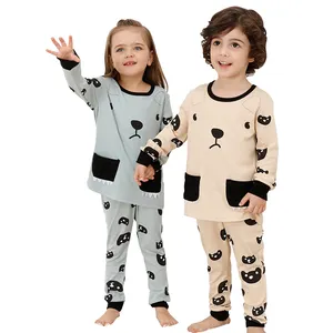 Op Maat Gemaakte Groothandel Hoge Kwaliteit O-hals Nachtkleding Homewear Kids Beer Design Kleding Sets Baby Katoenen Pyjama Voor Jongens Meisjes