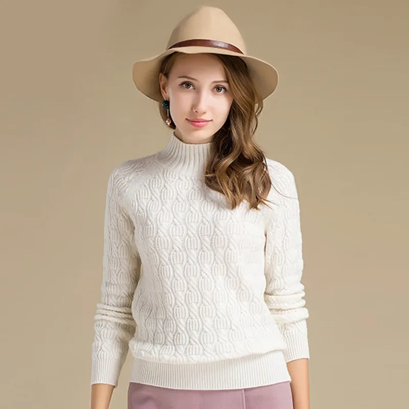 Oversized Women White Color Half Turtleneck Cable Knit Italian Cashmere Sweater