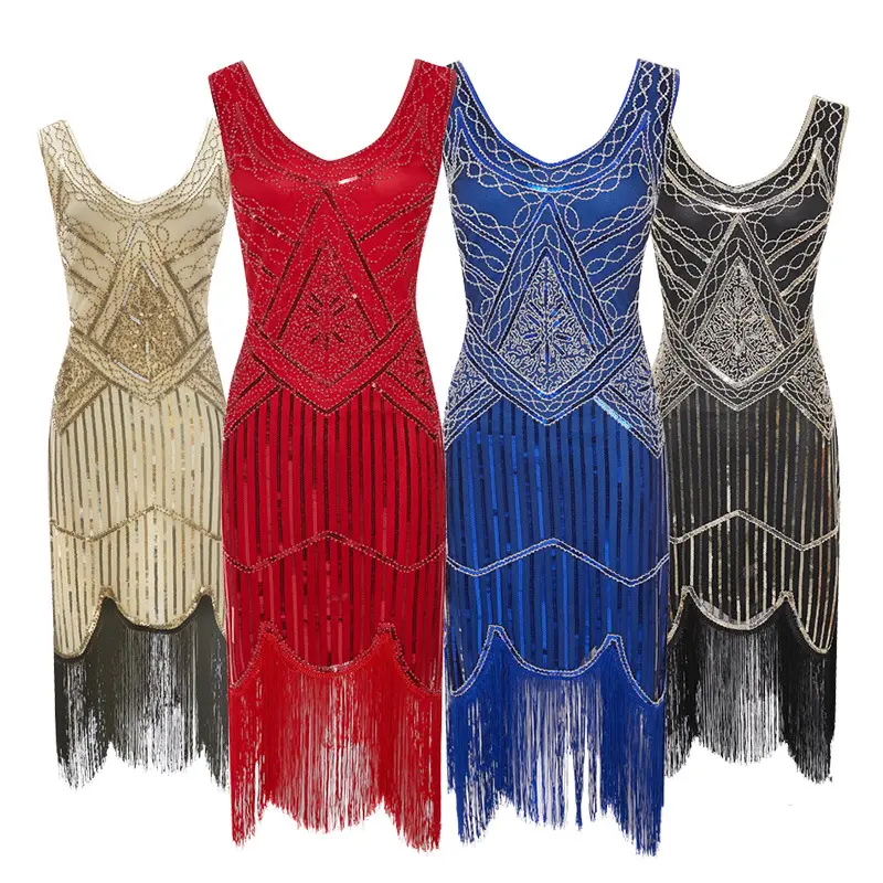 Tuyệt Vời Gatsby Đảng Dress Phụ Nữ 1920S Ăn Mặc Sexy Không Tay Cổ Chữ V Màu Xanh Thêu Fringe Sequin Đính Cườm Tua Cái Mỏ Váy