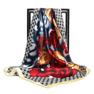 Fashion Silk Scarf For Women Satin Scarf Female Floral Print Square Scarfs For Ladies Luxury Brand Bandana Hijab Shawl 90cm*90cm
