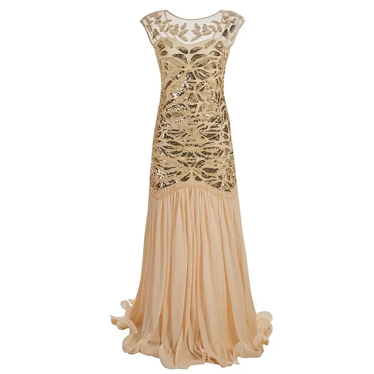 ผู้หญิง1920S Great Gatsby Flapper ชุด Vintage V คอ Maxi ชุดราตรีค็อกเทล Y11276