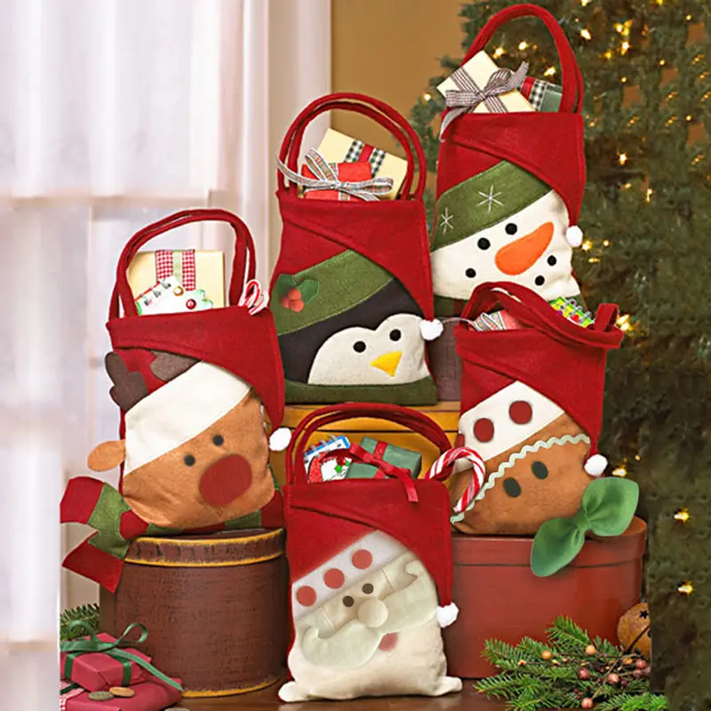 Pequeñas bolsas de regalo de Navidad de fieltro portátiles, bolsas de dulces de Navidad de fieltro baratas