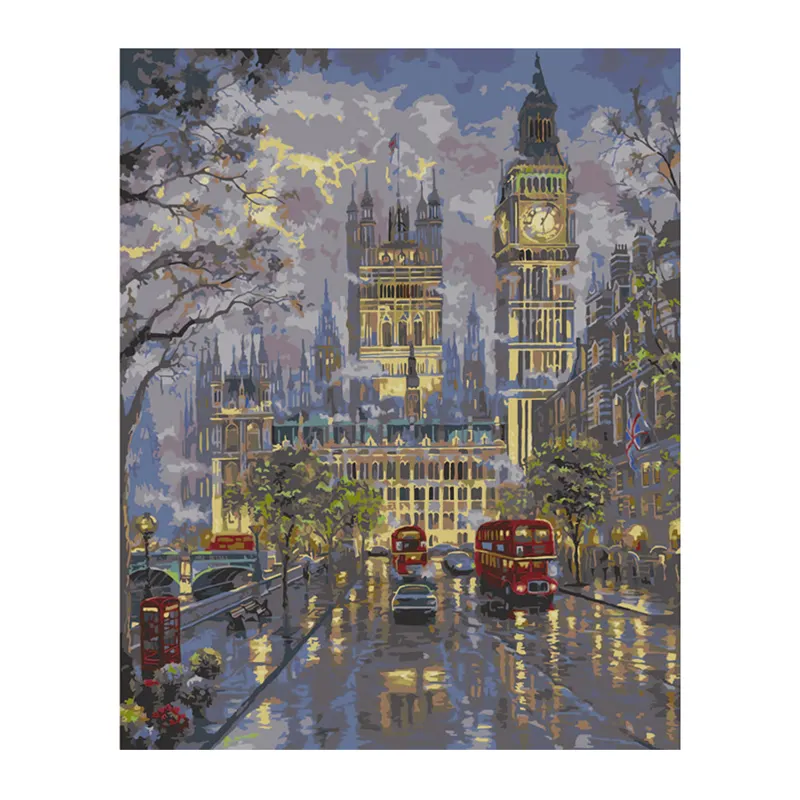 Wall Art Picture pittura a olio fai da te Bus Car e Bell Tower Castle Under The Night Sky Paint By Numbers Photo poster And Prints