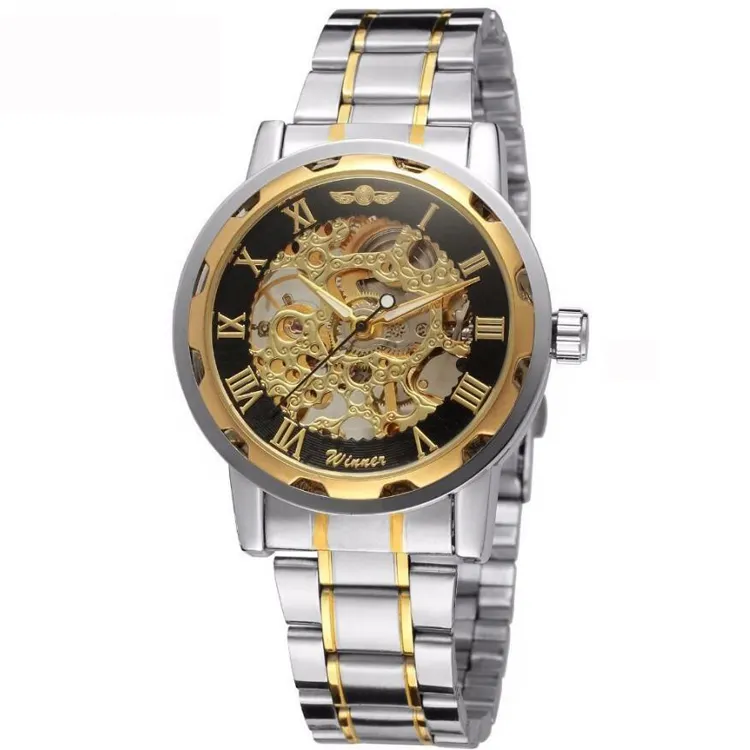 Wholesale 2018 Mens Skeleton Mechanical Steel Watch Golden Watch Hot Automatic Hand Wind For Men Excellent Quality Men Watch