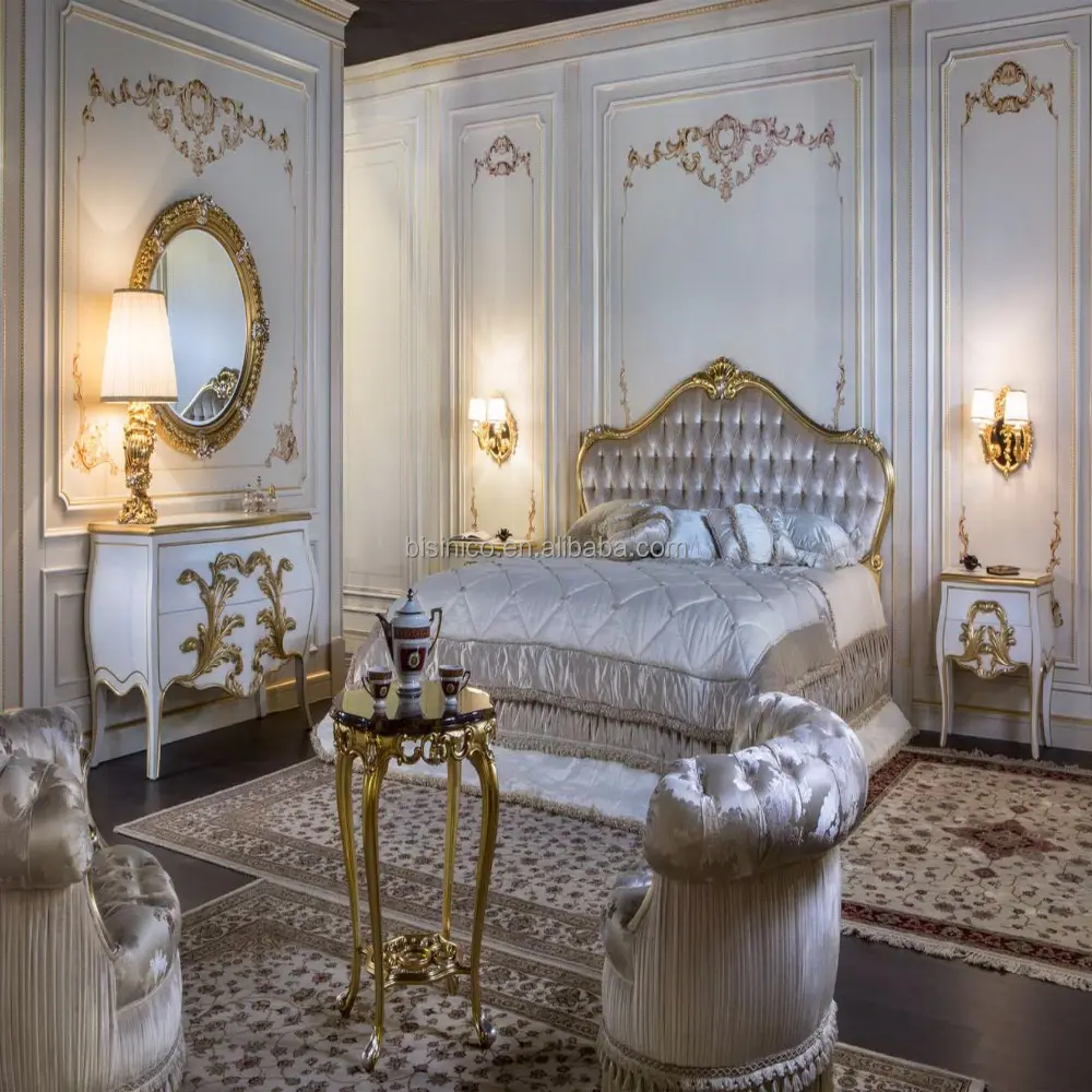 Reale francese In Legno Massello Mobili Camera Da Letto Con Foglia D'oro, 24 K placcato oro di lusso King Size Bed