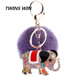 Fabriek Leveren Kristallen Bol Sleutelhanger Voor Kat Tassen Bont Pom Pom Sleutelhanger Creatieve Olifant Sleutelhanger