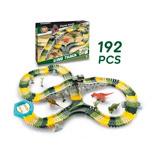 192 pezzi Dinosaur Tracks Car Toy Magic tracce flessibili con dinosauro, ponte, piattaforma rotante