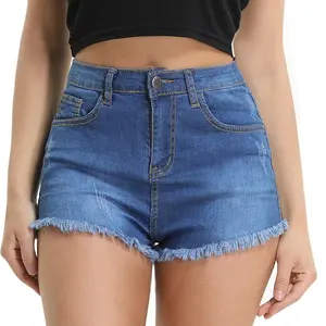 Hot Koop Slim Fit Sexy Meisjes Katoen Spandex Jeans Denim Vrouwen Shorts Met Gerafelde Zoom