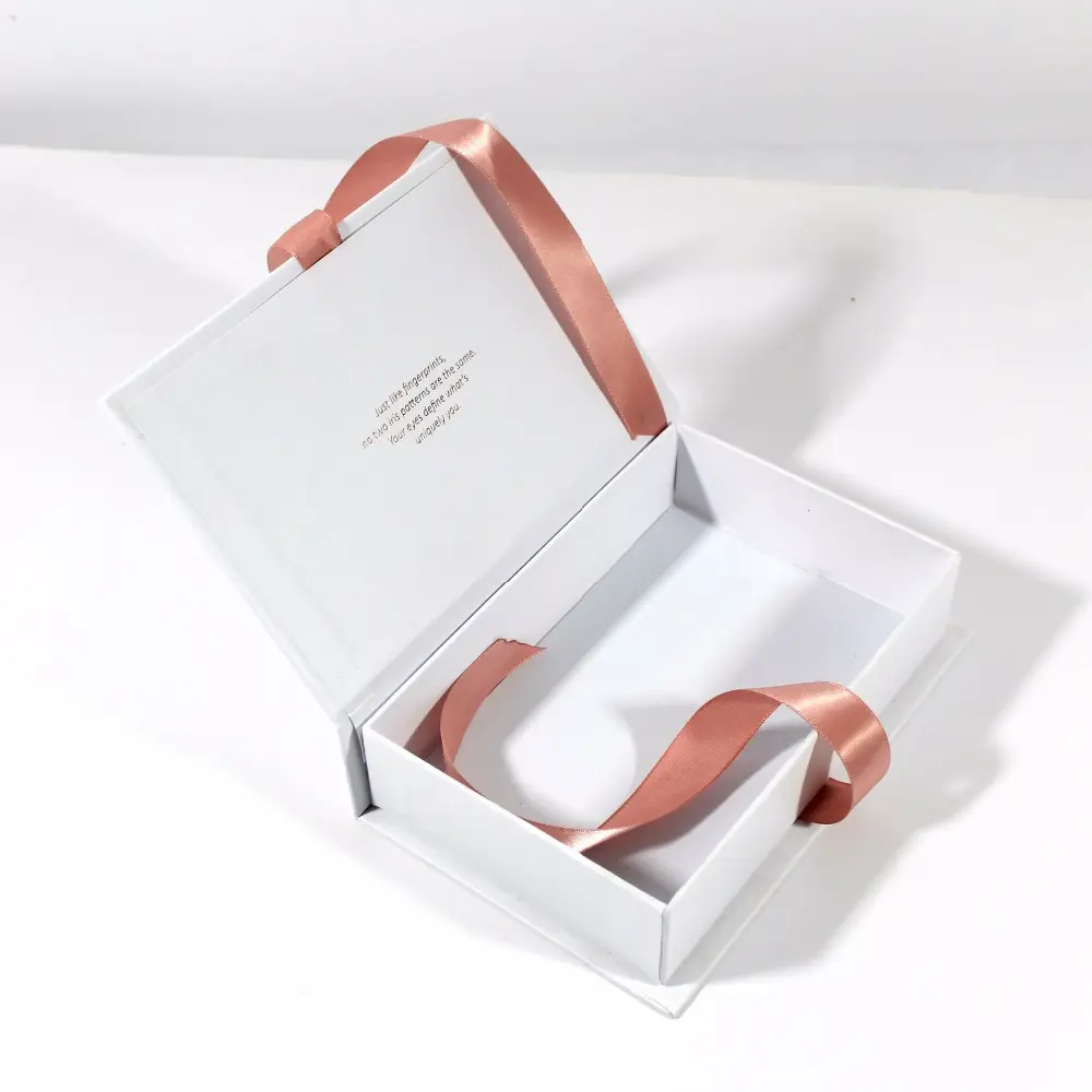 Luxury cardboard rose gold foil embossed logo gift makeup packaging box with ribbon