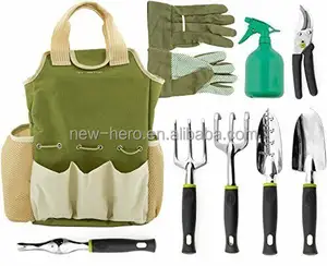 9 Piece Garden Tools Set with 6 Ergonomic Gardening Tools, includes Cultivator, Weeder, Rake, Trowel, Pruners, Transplanter